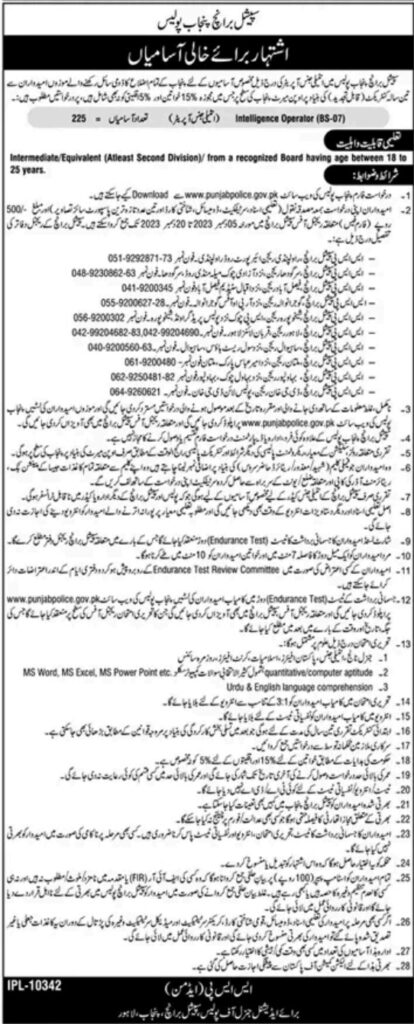 Punjab Police Intelligence Operator Jobs 2024 Advertisement