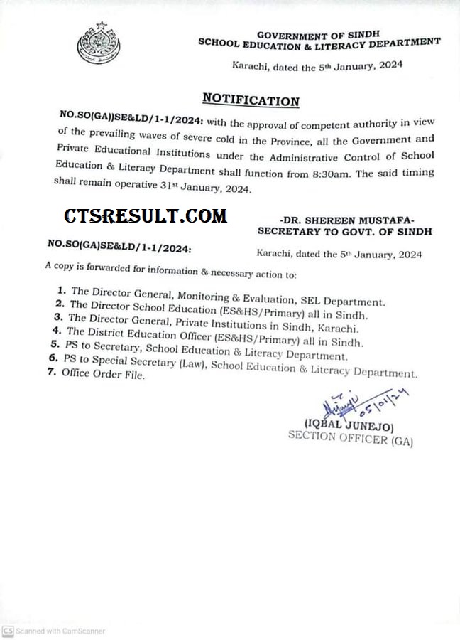 Sindh New School Timings 2024 Official Notification Issued